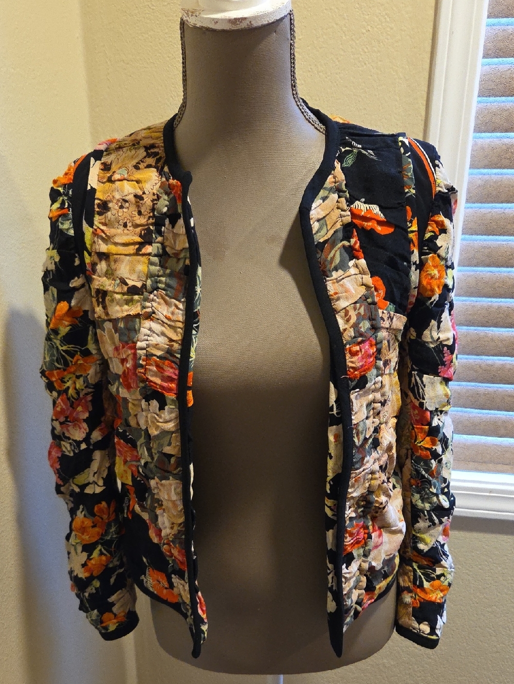 Zara Black Floral Quilted Open-Front Jacket